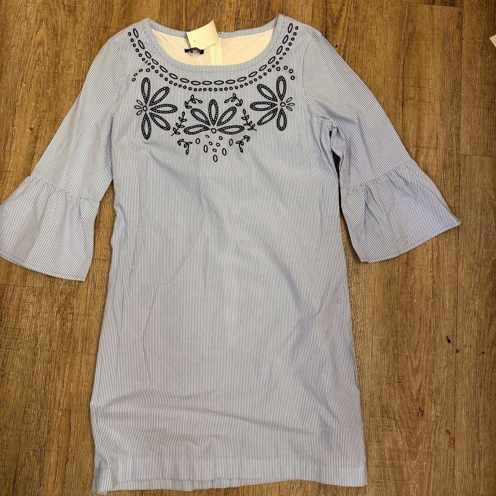 Talbots Blue Striped Embroidered Dress Belted Size‎ 8 - Picture 2 of 7